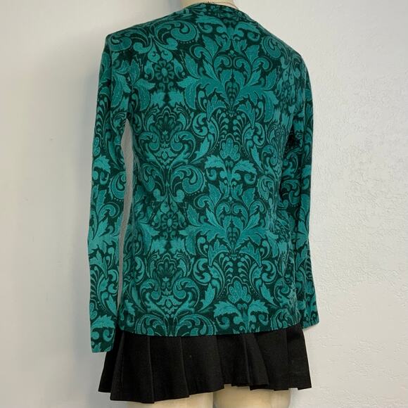 Talbots Wool Cardigan Sweater Teal Scroll Print Whimsigoth Small Quiet Luxury - Picture 4 of 8